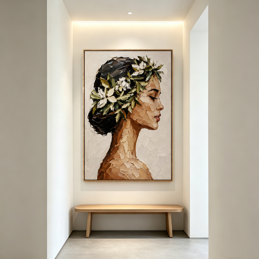 Maiden With Floral Wreath – Impasto Portrait Oil Painting Canvas Wall Art