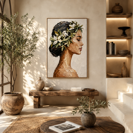 Maiden With Floral Wreath – Impasto Portrait Oil Painting Canvas Wall Art