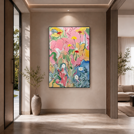 Wildflower Reverie – Pink Floral Textured Oil Painting Canvas Wall Art