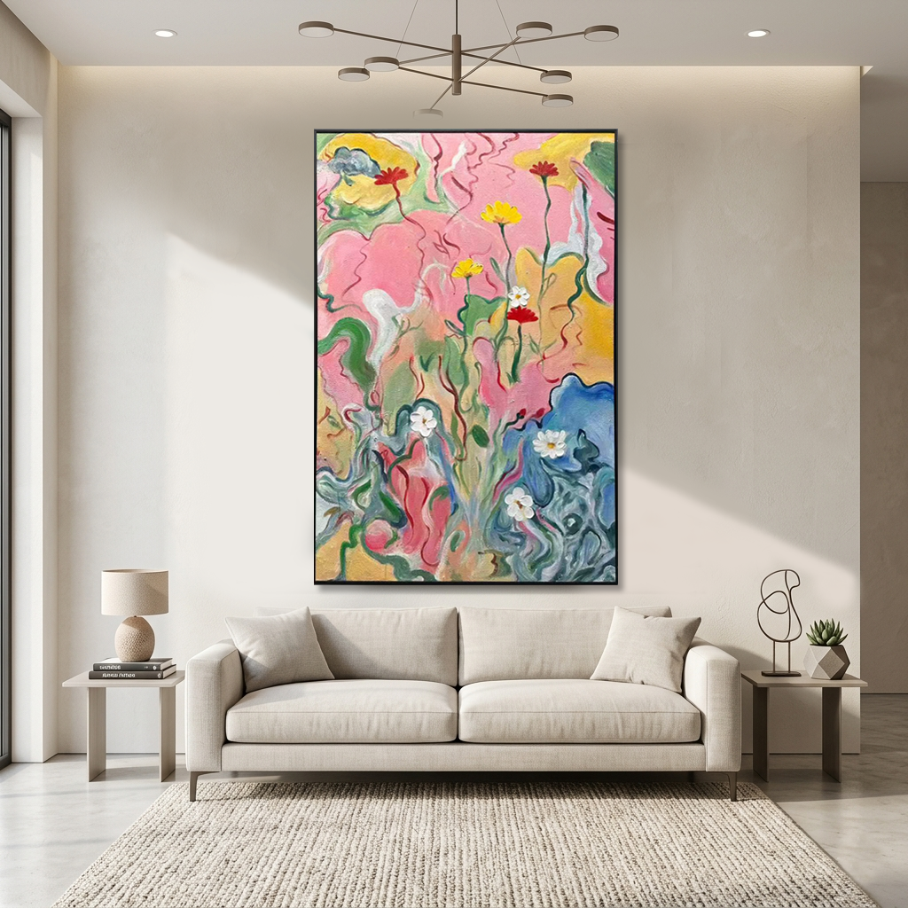 Wildflower Reverie – Pink Floral Textured Oil Painting Canvas Wall Art